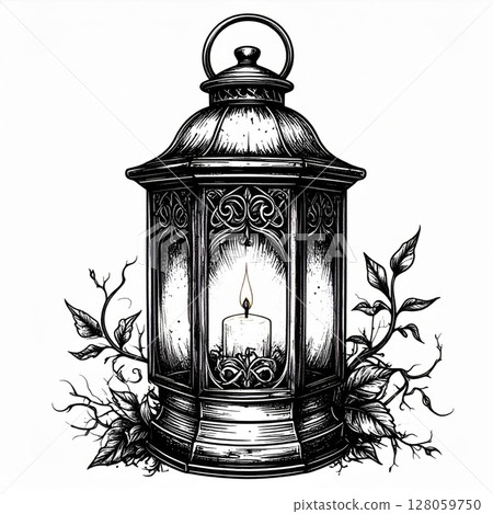 Ornate Black Lantern with Candle and Foliage 128059750