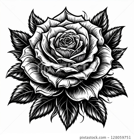 Black And White Detailed Rose Illustration 128059751