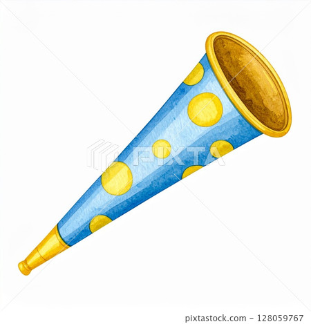 Blue Party Horn with Yellow Polka Dots 128059767