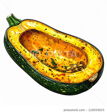 Roasted Squash Illustration: Green And Yellow Winter Squash Halved With Herbs 128059835