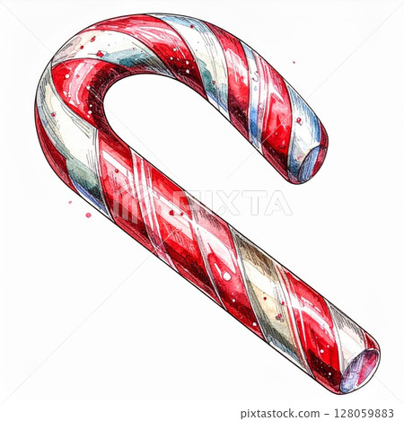 Red And White Striped Candy Cane Watercolor Illustration 128059883