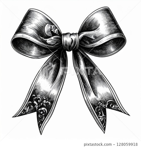 Ornate Black and White Ribbon Bow Illustration Ornate Black and White Ribbon Bow Illustration 128059918