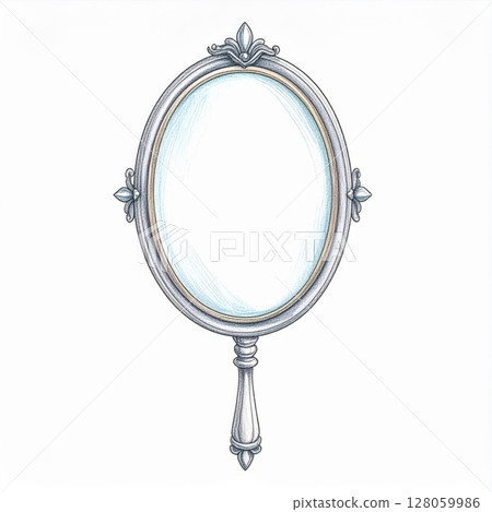Ornate Silver Oval Hand Mirror Illustration Ornate Silver Oval Hand Mirror Illustration 128059986