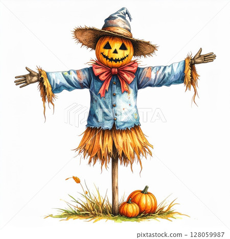 Smiling Scarecrow with Pumpkins in Watercolor Style Smiling Scarecrow with Pumpkins in Watercolor Style 128059987