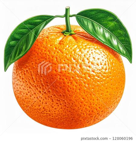 Ripe Orange with Green Leaves on White Background 128060196