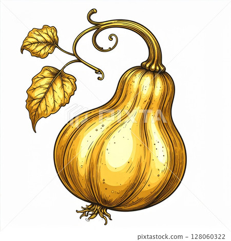 Golden Yellow Pumpkin with Vine and Leaves Illustration 128060322
