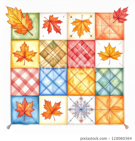 Autumnal Patchwork Quilt with Maple Leaves 128060364