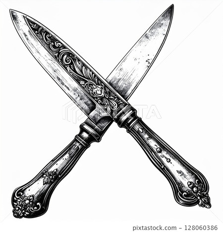 Crossed Ornate Silver Knives Black And White Illustration 128060386