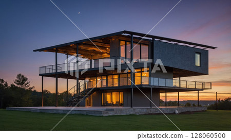 Modern sustainable house with glowing windows at sunset illuminating the countryside 128060500