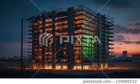Illuminated skyscraper under construction at sunset Illuminated skyscraper under construction at sunset 128060510