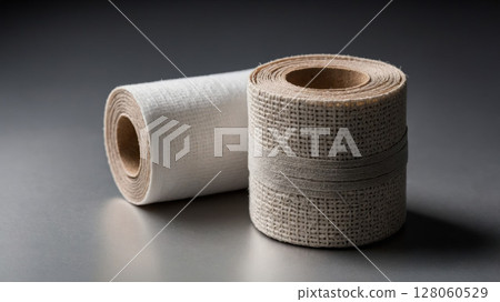 Two rolls of decorative ribbon resting on a gray surface are creating a cozy atmosphere 128060529