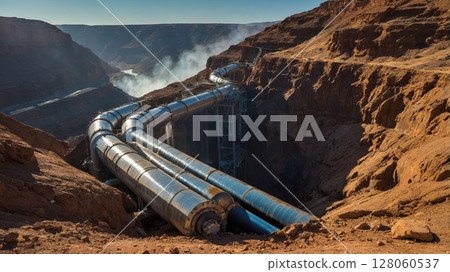 Penstocks bringing water to hydroelectric turbines in the desert of Arizona 128060537