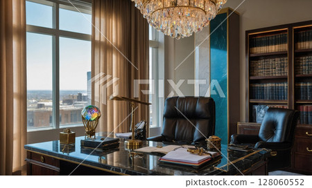 Luxurious home office overlooking city skyline with crystal chandelier and large desk 128060552