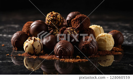 Chocolate truffles and pralines creating a tempting pile on dark marble 128060559