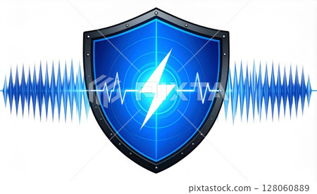 Blue Digital Shield with Energy Pulse Wave Blue Digital Shield with Energy Pulse Wave 128060889