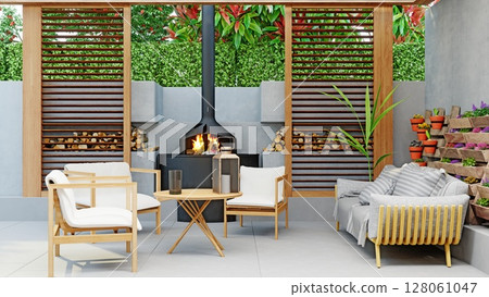 Cozy outdoor patio with modern furniture and fireplace. Comfortable lounge area for relaxation and entertaining. 3d rendering. Cozy outdoor patio with modern furniture and fireplace. Comfortable lounge area for relaxation and entertaining. 3d rendering. 128061047