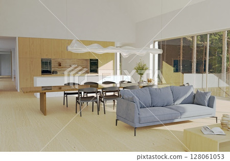 A bright open plan living space with kitchen area, living room with blue couch, and dining table, 3d rendering, modern home A bright open plan living space with kitchen area, living room with blue couch, and dining table, 3d rendering, modern home 128061053