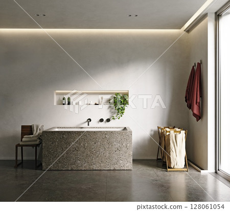 Modern minimalist bathroom interior with a stone bathtub and light colored textured walls. Contemporary home design concept 128061054