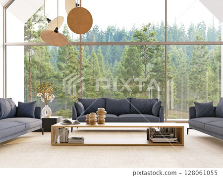 Modern living room with large window overlooking forest. Minimalist interior design with blue sofa. Bright space for relaxation. 128061055