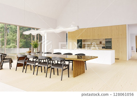 Modern home interior with open kitchen and dining area, featuring a long wood table and large windows. 3d rendering for architectural design and real estate. Modern home interior with open kitchen and dining area, featuring a long wood table and large windows. 3d rendering for architectural design and real estate. 128061056