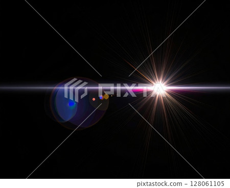 Bright Starburst Lens Flare on Black Background Bright Starburst Lens Flare on Black Background 128061105