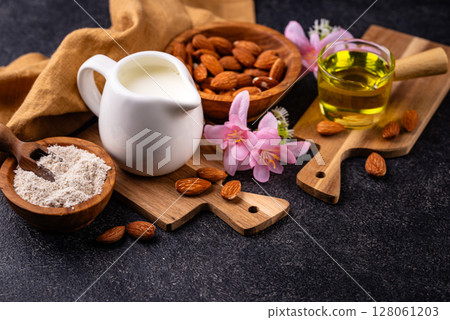 Almond alternative milk, oil and flour Almond alternative milk, oil and flour 128061203