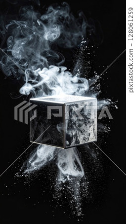 Metallic Cube Sublimation with White Smoke on Black Background 128061259