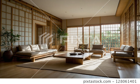 Modern minimalistic living room with natural light and a serene ambiance in a tranquil setting 128061401