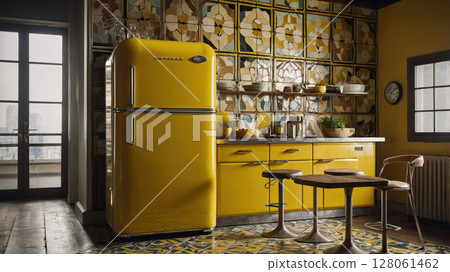 Bright vintage kitchen with yellow appliances and tiled wall showcasing modern yet retro 128061462
