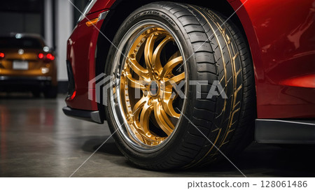 Close up of golden alloy wheel and tire with gold stripes on a red sports car Close up of golden alloy wheel and tire with gold stripes on a red sports car 128061486