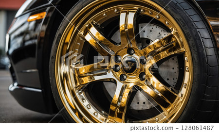 Close up of golden alloy wheel and tire on a black sports car Close up of golden alloy wheel and tire on a black sports car 128061487