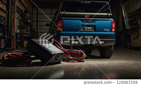 Charging equipment and blue pickup truck in a garage setting during evening hours 128061508