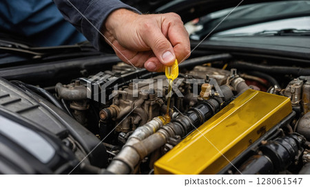 Mechanic checking oil level in car engine during maintenance service 128061547