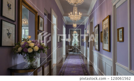 Elegant hallway with purple walls and floral arrangements in a refined interior setting during daylight hours 128061562
