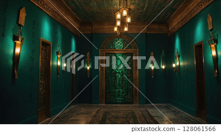 Mysterious hallway with intricate designs and glowing door in a dark teal setting Mysterious hallway with intricate designs and glowing door in a dark teal setting 128061566