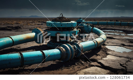 Abandoned turquoise pipeline infrastructure decaying in a dry desert landscape 128061734