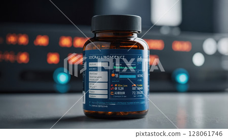 Modern amber medicine bottle with blue label standing on gray table 128061746