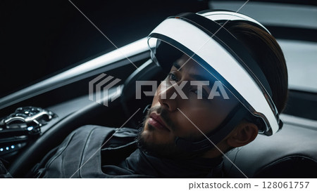 Spaceman wearing futuristic helmet and suit sitting in spaceship cockpit 128061757