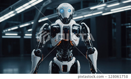 Futuristic white and black robot standing in a dark laboratory 128061758