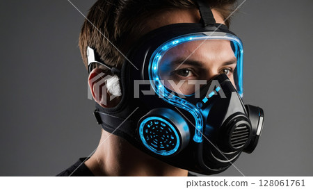 Man wearing futuristic gas mask with blue led lights 128061761