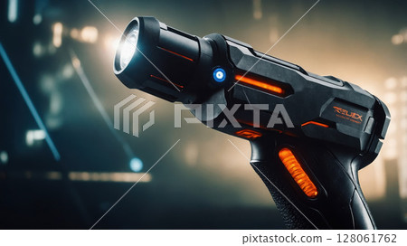 Futuristic weapon emitting light in a dark urban environment 128061762