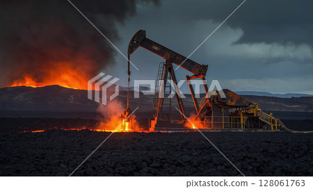 Oil pump extracting crude oil near volcanic eruption at twilight 128061763