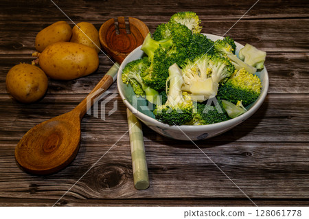 A top-down view showcases fresh broccoli in a bowl alongside potatoes and wooden salad utensils on a rustic wooden surface. A top-down view showcases fresh broccoli in a bowl alongside potatoes and wooden salad utensils on a rustic wooden surface. 128061778