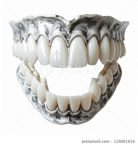 Full Set of White Artificial Teeth on White Background Full Set of White Artificial Teeth on White Background 128061810