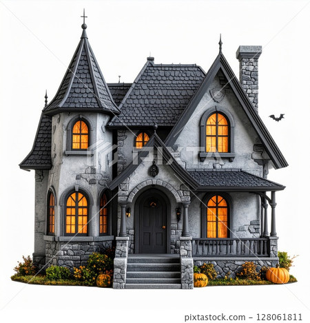 Spooky Gray Stone Halloween House with Autumn Decor 128061811