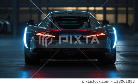 Futuristic sportscar glowing in dark garage Futuristic sportscar glowing in dark garage 128061898