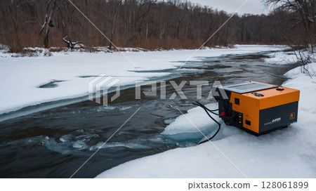 Portable generator powering scientific equipment on snowy riverbank in winter 128061899