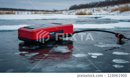 Geophysical equipment measuring ground resistivity on frozen lake 128061900