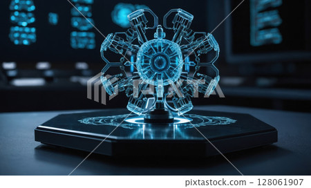 Futuristic radial engine levitating on a hexagonal base illuminating dark laboratory Futuristic radial engine levitating on a hexagonal base illuminating dark laboratory 128061907
