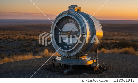 Industrial flow meter measuring gas pressure at sunset in the desert 128061912